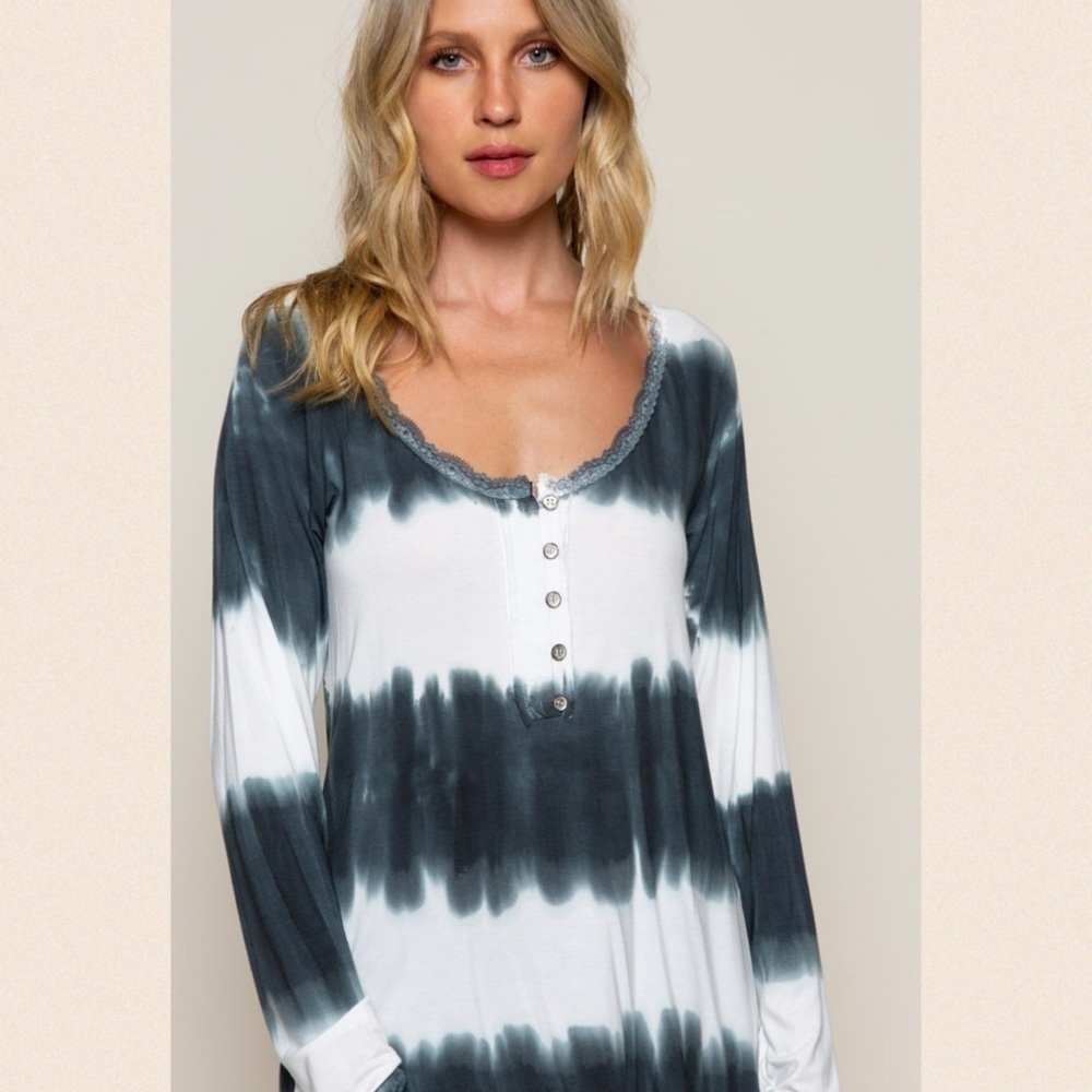 White & Indigo Stripe Tie Dye Henley